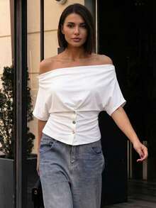 HoloChill 女士撞色纽扣露肩休闲上衣，2026 夏季新款百搭高弹修身 T 恤，女士春季服装，女士假日派对上衣，女士沙滩装，女士优雅夏季度假上衣 - 白色 - 查看 5