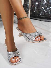女士度假风编织镂空一脚蹬凉鞋，百搭蝴蝶结单带露趾高跟鞋，夏季沙滩派对 - 銀色 - 查看 1