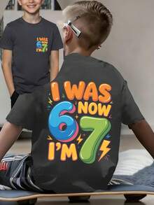 Tween Boy Funny "I'm 6, Now 7" Trending Digit 67 Cartoon Graphic T-Shirt, Comfortable Summer Top, Ideal Birthday Party And Gift For 7 Year Old Boy - Dark Grey - View 4