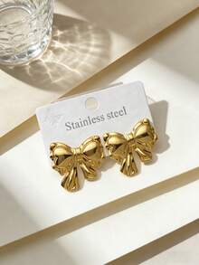 Stainless Steel Gold-Plated Ear Studs, Bow Ear Studs, Low-Allergenic, Nickel-Free, Flower-Shaped Ear Studs, Thick Gold Lady's Ear Studs, Fashionable Declaration Geometric Texture Lightweight Anti-Allergy Ear Studs, Retro Jewelry Dance Party Gifts, Lady's Ear Studs, Fashionable Heavy And Unique Pendant Ear Studs, Lady's Gold Earring Set, Exquisite Gold-Plated Pendant Ear Studs, Anti-Allergy Ear Studs, Fashionable Jewelry, Lady's Gifts - Multicolor - View 4