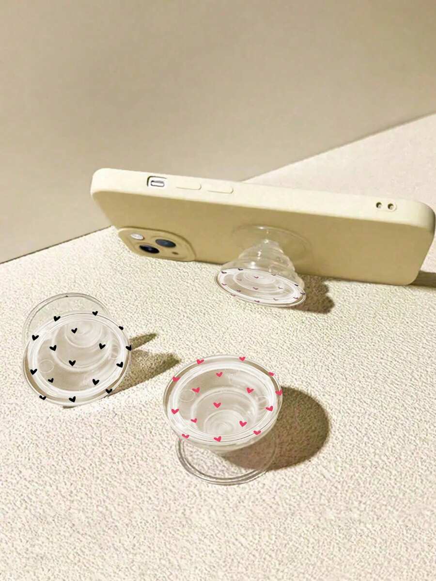 新款透明硅胶心形图案手机支架，可调节360°旋转，带伸缩功能 - 彩色 - 查看 1