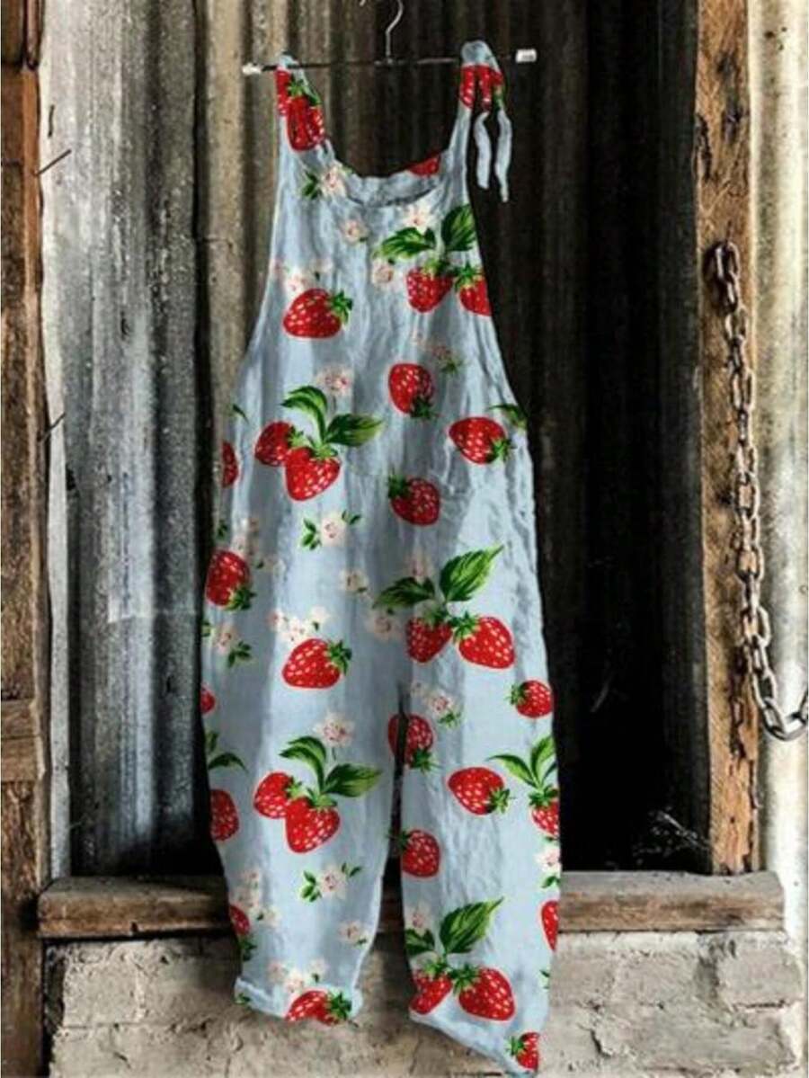 Women's Strapless Italian-Style One-Piece Dress - Vintage Print High-Waisted Wide-Leg Pants, Sleeveless One-Piece Pants - 藍色 - 查看 1
