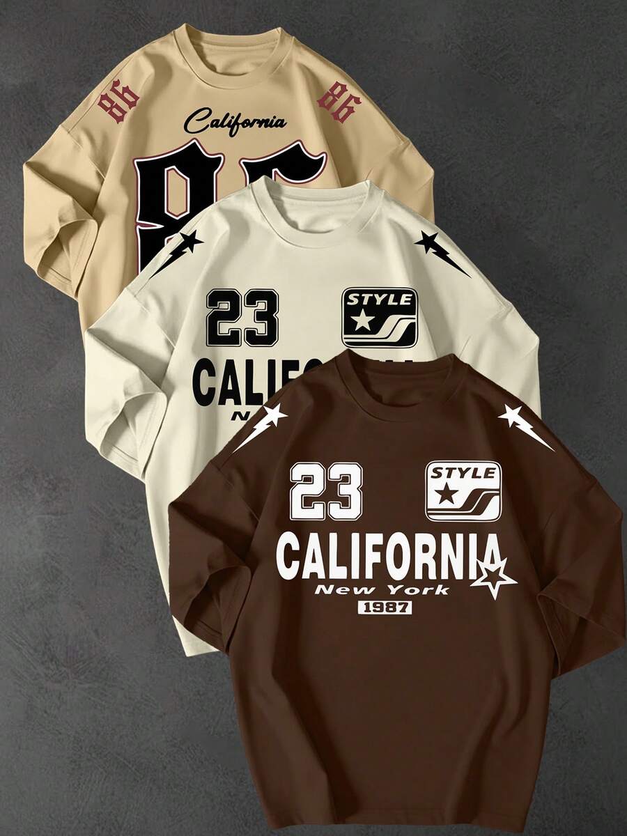 Kit Of 3 Oversized T-Shirts, Street Style, Streetwear, California, Sizes 30, 23, 96, Unisex, 100% Cotton, Loose Fit - Bege-Chocolate-Off - 查看 1