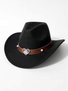 Women's Brown Western Cowboy Hat With Heart-Shaped Metal Decor, Pearl Rivet Embellishment, Leather Hat Band, Fashionable Cowgirl Hat Suitable For Daily Wear And Outdoor Activities. This Women's Brown Western Cowboy Hat With Pearl Rivet Heart-Shaped Leather Hat Band Is An Ideal Choice For Participating In Rodeo Competitions And Casual Outfitting. - Women's Heart Pearl Hat - View 16