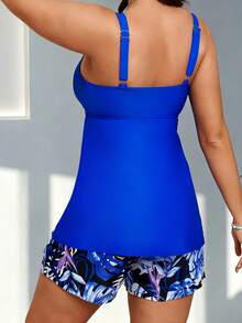 New Plus-Size Bright Blue Floral Print  Comfortable Conservative Two-Piece  Resort Style Swim Shorts Swimming, Sun Protection, Tummy Control & Slimming, Vacation Leisure, Fashion Matching - Màu xanh lam - Xem 2
