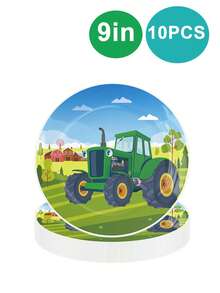 10pcs Tractor Theme Birthday Party Supplies Disposable Tableware Set, Includes 7/9 Inch Paper Plates, 9oz Paper Cups, Napkins, Suitable For Tractor Theme Party Decoration, Birthday Party, Spring Event Party, Holiday Party Supplies - Multicolor - View 5