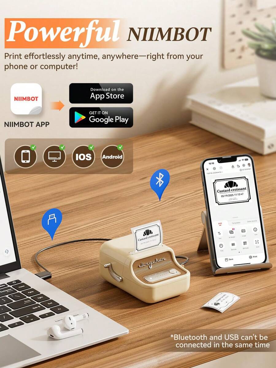 Niimbot B21 Mini Portable Thermal Printer, Wireless Label Printer For Mobile Phone, Home Use, Barcode, Price Tag, Sticker, Ink-Free Printing