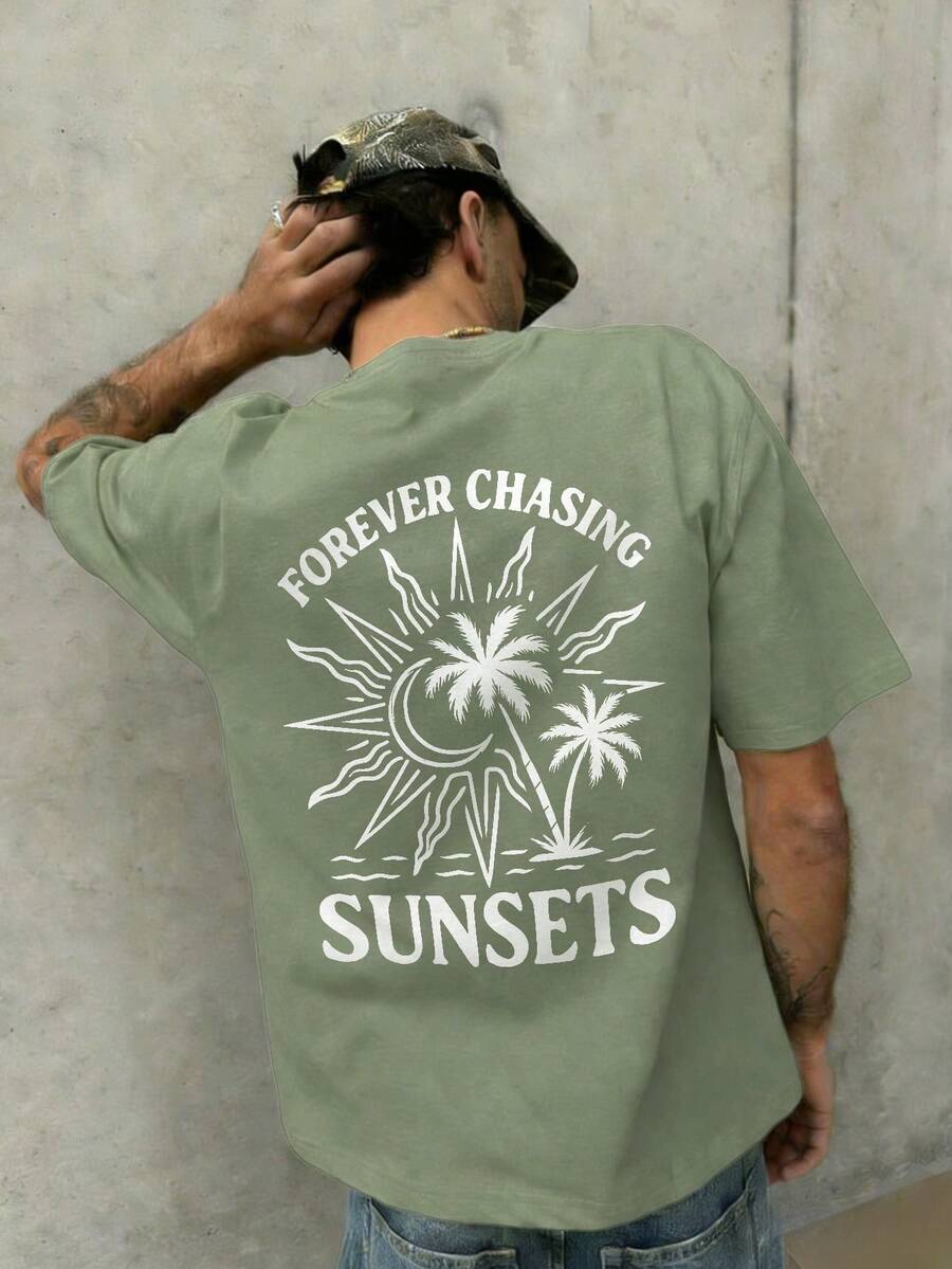 Fractyr Men's Casual Vacation Street Style Loose Fit Short Sleeve T-Shirt | Minimalist Palm Tree & Sun Letter Print | Sophisticated Design | Summer Essential | Versatile & Stylish - Olive Green - View 1