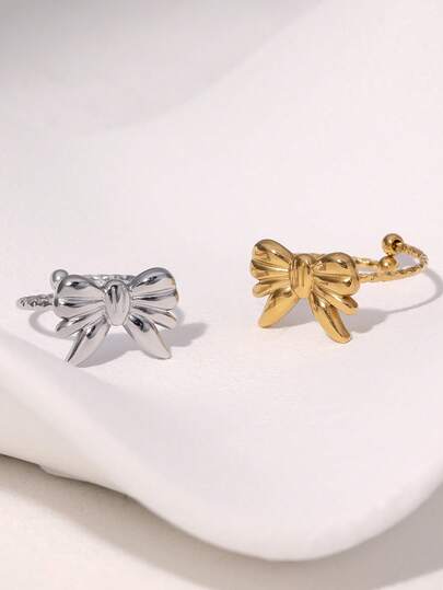 1pc Fashionable Minimalist Versatile Elegant Sweet Cute High-End Plated Stainless Steel Bow Tie Open Ring, Suitable For Women's Daily, Party, Date Wear