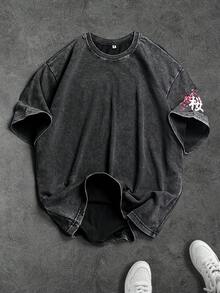 男士水洗休闲日式樱花武士图案印花短袖套头T恤，黑色 - 黑色 - 查看 2