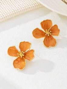 1 Pair Orange Tie Dye  Flower Asymmetrical Shape Stud Earrings, Wedding Gift For Women - 粉色 - 查看 4