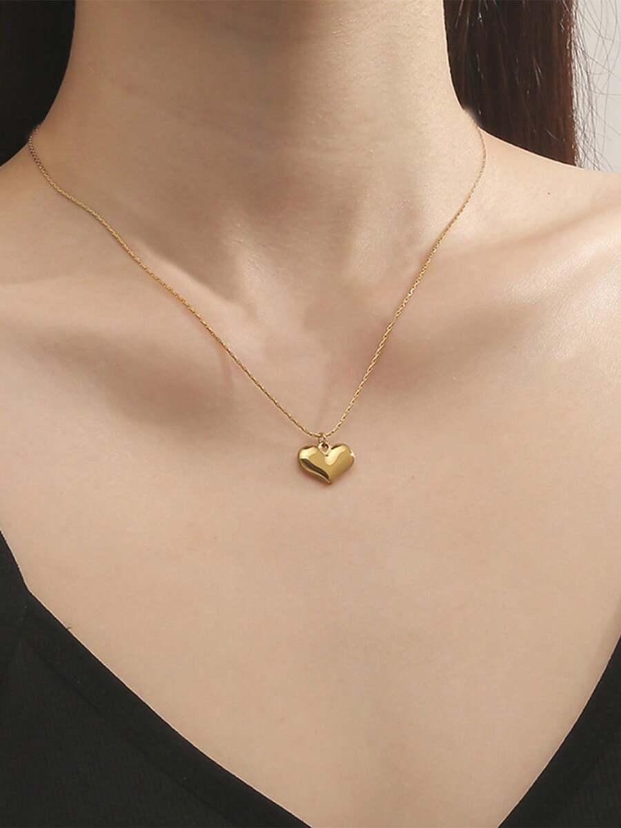 1pc Stainless Steel Waterproof Non-Fading Cute Small Heart Pendant Necklace, Suitable For Women's Daily Wear - Flat Heart Necklace - View 1