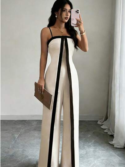 Macacão feminino listrado elegante e de alta qualidade, cintura alta, modelagem solta, estiloso e casual. H-14