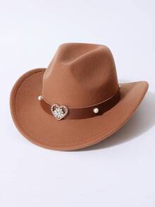 Women's Brown Western Cowboy Hat With Heart-Shaped Metal Decor, Pearl Rivet Embellishment, Leather Hat Band, Fashionable Cowgirl Hat Suitable For Daily Wear And Outdoor Activities. This Women's Brown Western Cowboy Hat With Pearl Rivet Heart-Shaped Leather Hat Band Is An Ideal Choice For Participating In Rodeo Competitions And Casual Outfitting. - Women's Heart Pearl Hat - View 8
