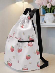 1pc Customized Name Cartoon Mushroom Strawberry Paw Print Drawstring Backpack, Sport Bag With Pockets, Customizable Based On Your Unique Design, Back To School Gift, Perfect For Kids, Print Your Own Name Or Sister And Classmate's Name As A Gift - Multicolor - View 7