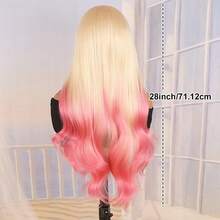 Blonde With Pink Skunk Stripe Body Wavy 13x4 Lace Front Synthetic Wig - Pink Ombre Blonde Long Wave Wig, Heat Resistant Fiber, Pre-Plucked Hairline, 3 Combs & Adjustable Straps, 28 Inch For Women Perfect For Daily Wear, Party, Cosplay & Dating - 挑染粉色 - 查看 5