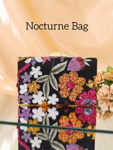 1个时尚迷你黑色晚宴包（图案随机，独一无二），优雅精致的亮片刺绣女士方形手拿包，适合派对、婚礼、舞会等场合。 - 黑色 - 查看 1