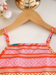 3pcs/Set Girls Casual Geometric Print Sleeveless Top + Matching Allover Print Hat And Capri Pants Outdoor Suit, Spring/Summer - Multicolor - View 4