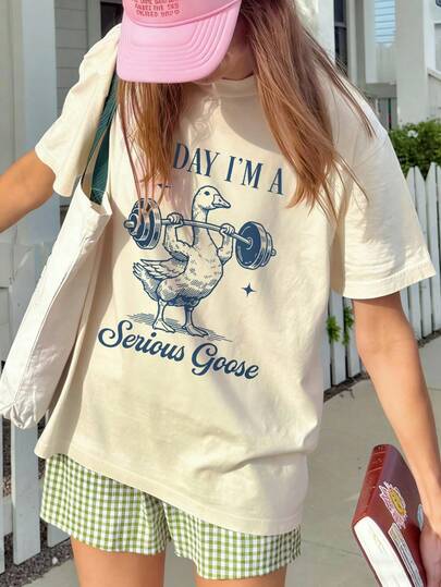 1pc Girls Casual Printed Round Neck Short Sleeve T-Shirt, Summer Student Youth Clothing - The T-Shirt With Duck Exercise Print Brings Joy And Happiness To Every Child!