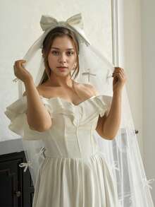 1pc Pearl Beaded Bow Bridal Veil, Cute & Elegant 3 Meters Long Train Veil, Suitable For Wedding Ceremony In Cathedral - Bow Style - View 7