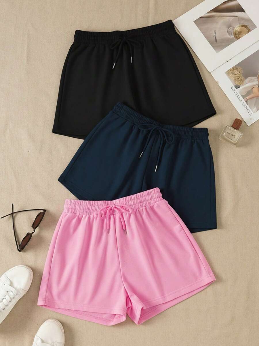 3 Packs Solid Elastic Waist Knotted Relaxed Athletic Shorts - Multicolor - View 1