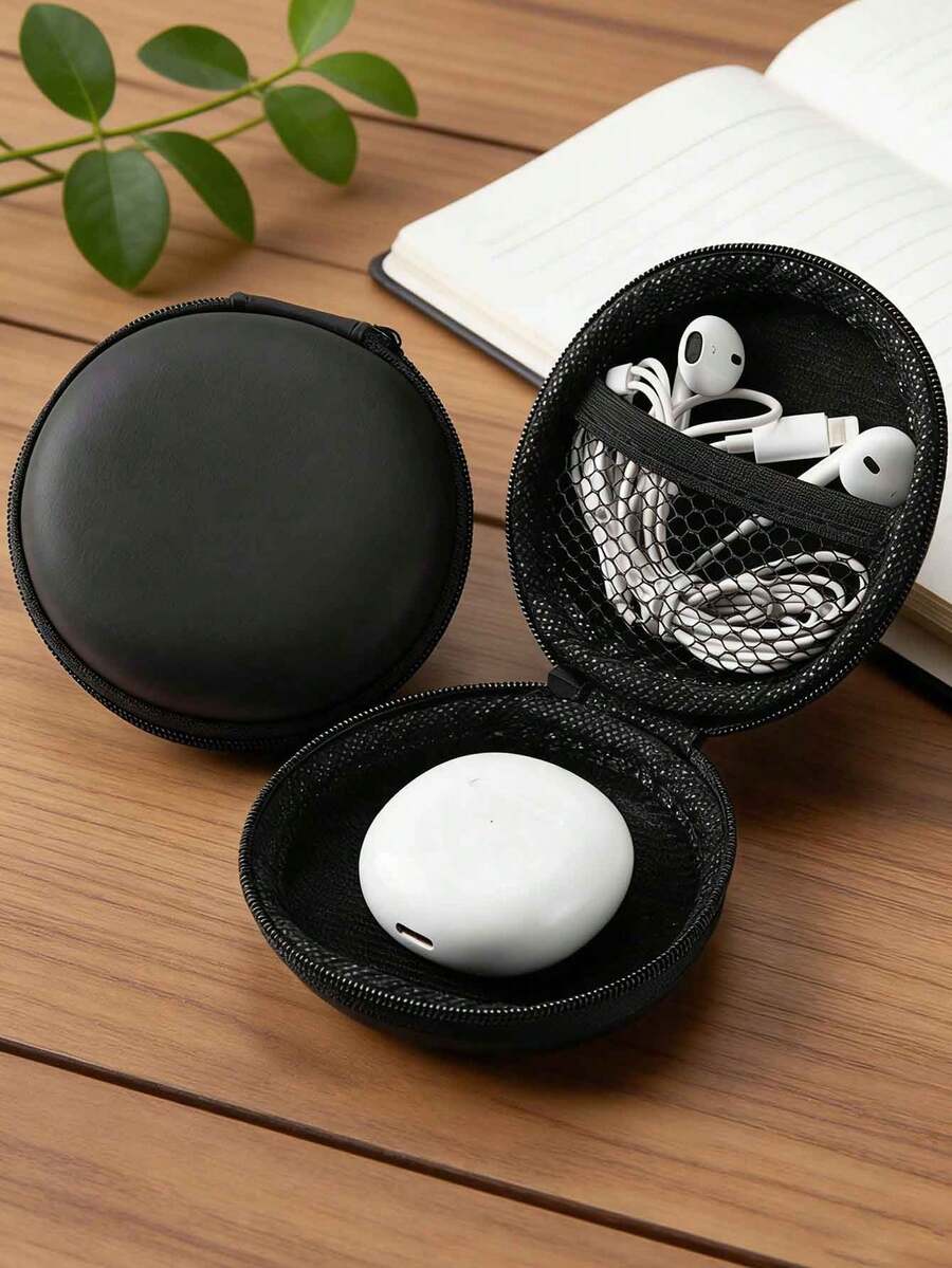 1 pieza Estuche de auriculares de EVA negro, bolsa de almacenamiento de cable de datos, estuche de transporte de auriculares Bluetooth, bolsa redonda con cremallera neutra - Negro - Ver 1