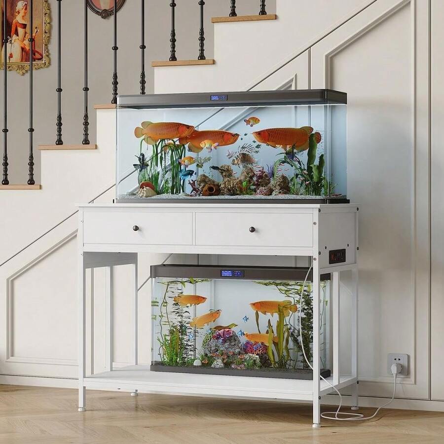 Soporte para acuario de 40 a 50 galones con marco de metal y cajones, mesa resistente para peceras, terrarios para tortugas y reptiles. - Blanco - Ver 1