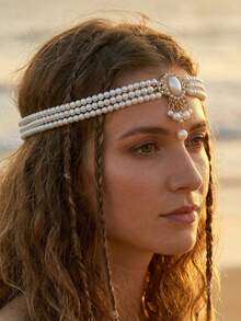 1pc Bohemian Style Faux Pearl Women's Hair Chain, Bridal Wedding Jewelry Hair Hoop, Women's Party, Beach Holiday Hair Accessory Jewelry - White - View 2