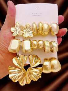 4-16件/套 欧美风夸张C形花瓣金色耳环套装（女士款） - 金色 - 查看 1