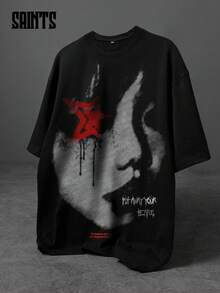 一件男士黑色T恤，饰有红色星星、爱心和字母图案元素，适合都市时尚街头风格。 - 黑色 - 查看 1