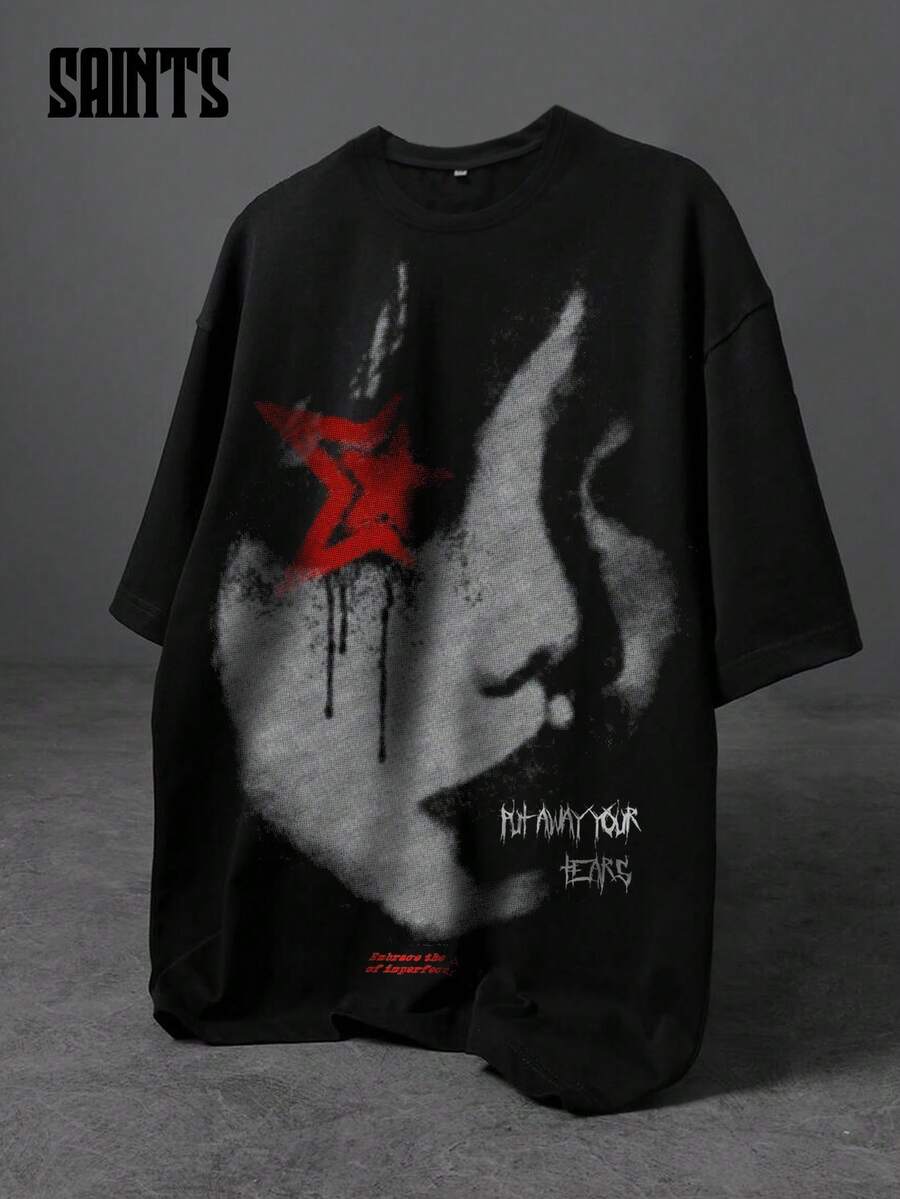 一件男士黑色T恤，饰有红色星星、爱心和字母图案元素，适合都市时尚街头风格。 - 黑色 - 查看 1