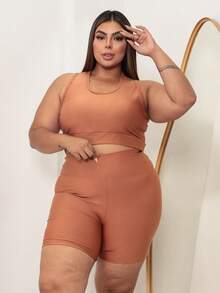 Women's Plus Size Mid-Thigh Gym Set In Thick Power Supplex - Light Brown Straight - View 2