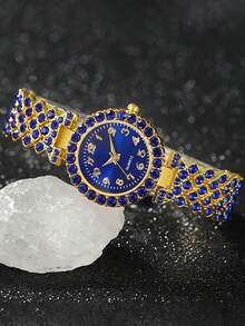 6件套优雅休闲奢华女士石英表，镶嵌水晶水钻，金属表带，女士礼物 - 彩色 - 查看 2