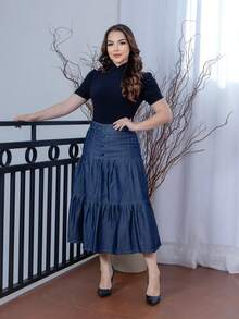 Midi Denim Skirt - Christian Fashion - 深色水洗藍 - 查看 9