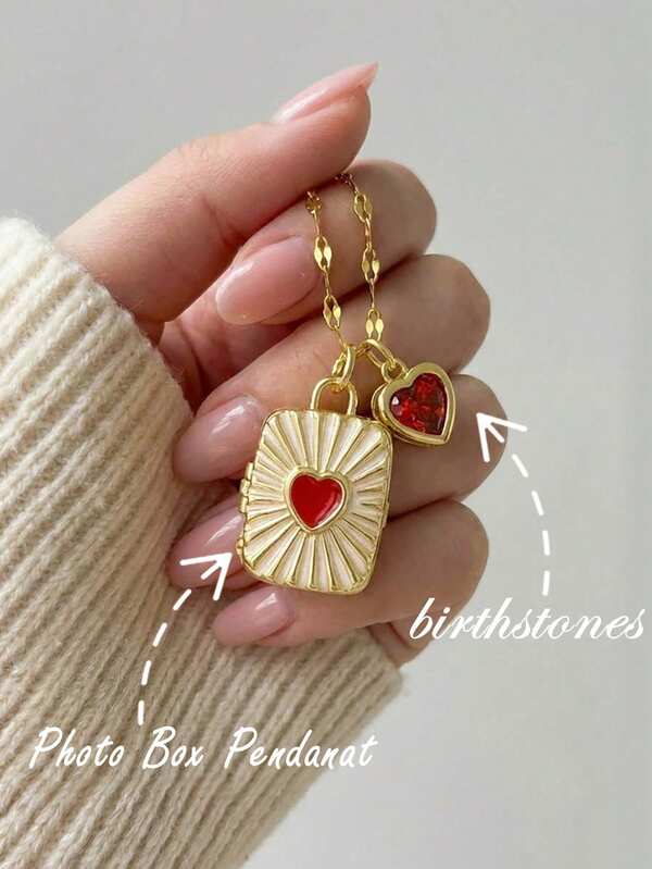 1pc Vintage Elegant Square Red Heart Photo Frame Box With Customizable Birth Month Heart Pendant, 18K Gold Stainless Steel Necklace, Suitable For Women And Girls, Customizable Birthstone And Photo, Unique Gift For Girlfriend, Mom, Family, Friend, Daughter, Suitable For Anniversary, Valentine's Day, Mother's Day, Birthday, Graduation, Daily Wear, Wedding, Party
