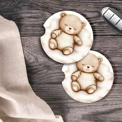 2 Sets Of Cartoon Teddy Bear Acrylic Car Coasters - Heat-Resistant Acrylic, Bright Yellow Daisy Pattern, Perfect For Decorating Car Accessories And Car Cup Holders For Both Men And Women | Vibrant Car Accessories | Heat-Resistant Coasters, Acrylic Car Accessories