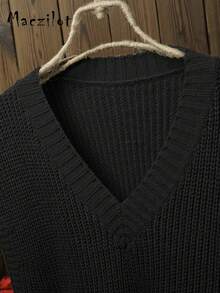 Plus Size Women Loose Fit Comfortable V-Neck Casual Knitted Vest - Black - View 3