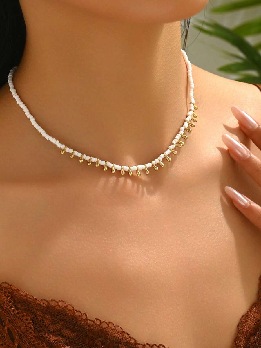 1 chiếc vòng cổ hạt trắng và hạt giọt vàng tối giản thời trang dành cho nữ, thích hợp cho đeo hàng ngày, đi làm, hẹn hò, đi biển, kỳ nghỉ, ngày Valentine và quà sinh nhật.
