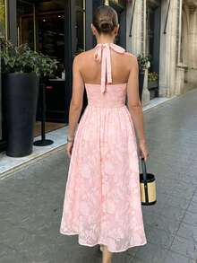 Perirose Vestido de mujer elegante de jacquard rosa con tirantes finos, escote en V profundo, cintura fruncida y largo medio. Vestido sin mangas de moda, atuendo romántico de verano - Rosa - Ver 7