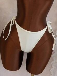 Women's Elegant White Backless Tie-Up Bikini Set, Featuring Ring Detail, Side-Tie Thong, High-Stretch Fabric - Cream - View 6