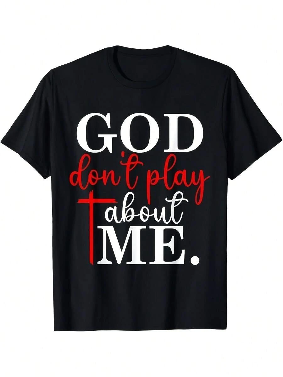 Camiseta de fe inspiradora "Dios no juega conmigo" | Unisex, Camiseta de Hombre Suave y Transpirable, Cuello Redondo Negro, Ropa Casual, Humor, Material Cómodo, Top de Manga Corta, Todas las Estaciones, Estilo Vintage - Negro - Ver 1
