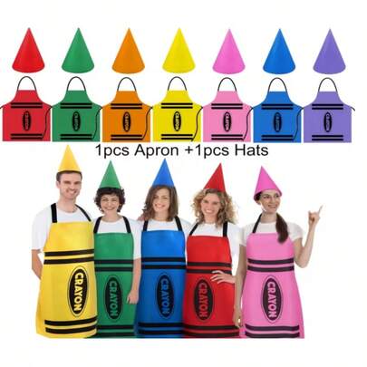 Conjunto premium de 2 piezas con delantal y gorro de cono con tema de crayones, para disfraz unisex de adulto, maestro, familia o grupo, fiesta de disfraces