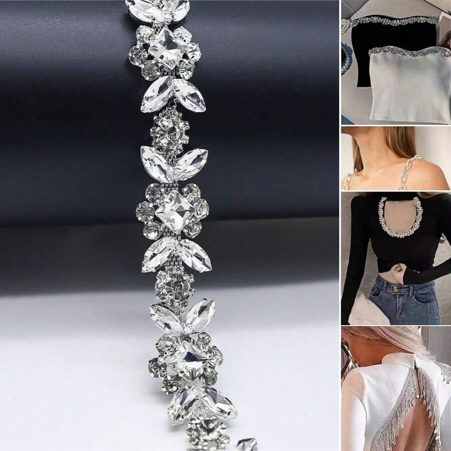 一条闪亮水晶编织丝带，饰以水钻和银链，适合搭配新娘婚纱鞋履配饰。