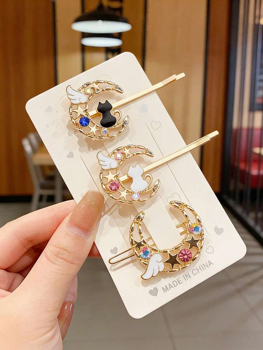 3 chiếc kẹp tóc dễ thương độc đáo cho bé gái đi học, họa tiết trăng sao, nhiều màu sắc. - Nhiều màu - Xem 1