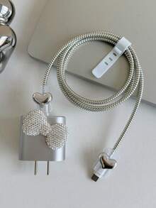 Bộ 5 món: Vỏ bảo vệ cáp sạc đính đá hình nơ màu bạc, cuộn cáp 1.5m, bộ sắp xếp cáp dữ liệu, bảo vệ cáp sạc và bộ chuyển đổi chống gãy, tương thích với cáp sạc nhanh 20W của 16/15/14/13/12 Pro Max - Nhiều màu - Xem 8