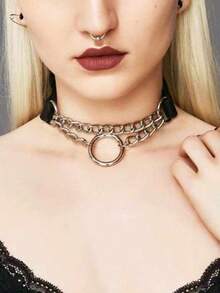 Fashionable European & American Style PU Leather Round Ring Choker Necklace, Punk Street Style Chain O-Ring Neck Strap Shiny Necklace - Black - View 8