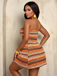 AIJ Amarilo Twist Front Slit Green Bandeau Top And Shorts Set, Textured Fabric Design, Suitable For Casual, Beach, And Vacation Summer Elegant - Orange Palm - View 2