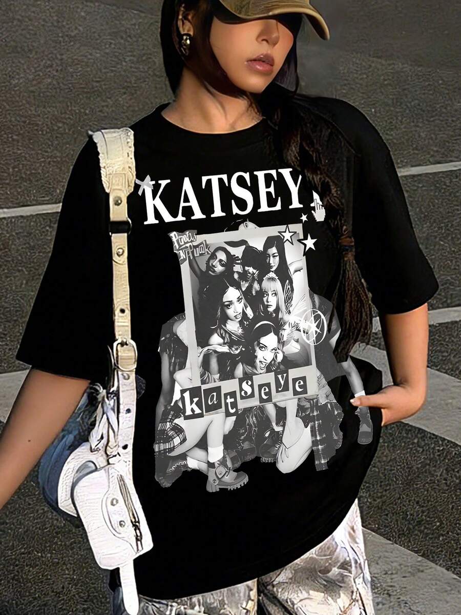 Spring And Autumn Round Neck Short Sleeves For Girls - KATSEYE Members - Printed Pattern Design Round Neck T-Shirt, Pattern T-Shirt Pullover, Girls' Top, 180g Polyester Soft Fabric, Suitable For Giving Gifts To Children For Back To School, Parties, Outdoors, Travel Wear - màu đen - Xem 1