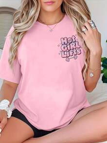 Women's Pink "Hot Girl Lifts" Graphic Print T-Shirt - Regular Fit Short Sleeve Top, Machine Washable, Casual Activewear, Women's Fitness Tee Summer - Pink - View 3