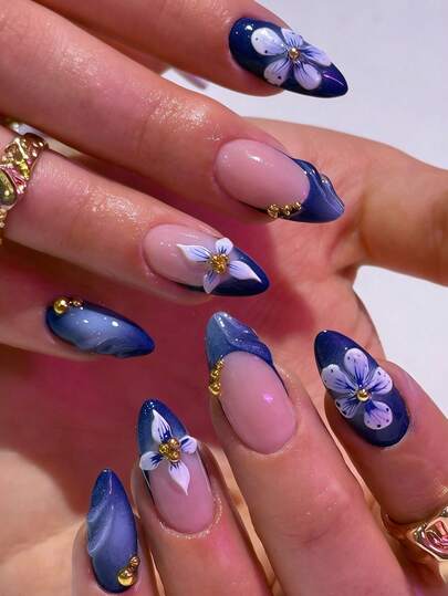 24pcs French Blue 3D Flower Press On Fake Nails , Nails Supplies Art Perfect For Everyday Wear